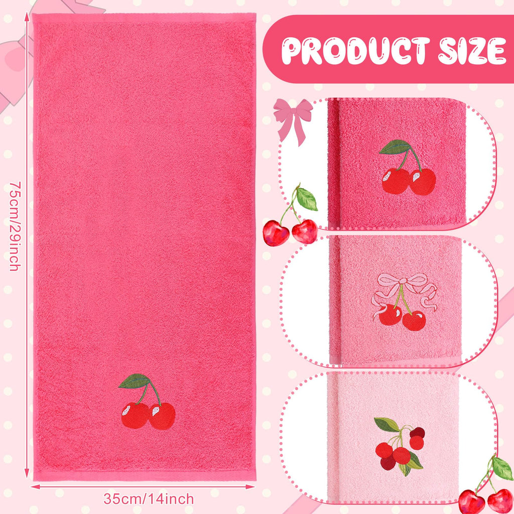 Tingjoo 3 Pcs Cherry Hand Towels 14x29 Inch Spring Summer Pink Preppy Bow Cherries Bathroom Decor Cotton Embroidered Soft Absorbent Towels for Bathroom Kitchen