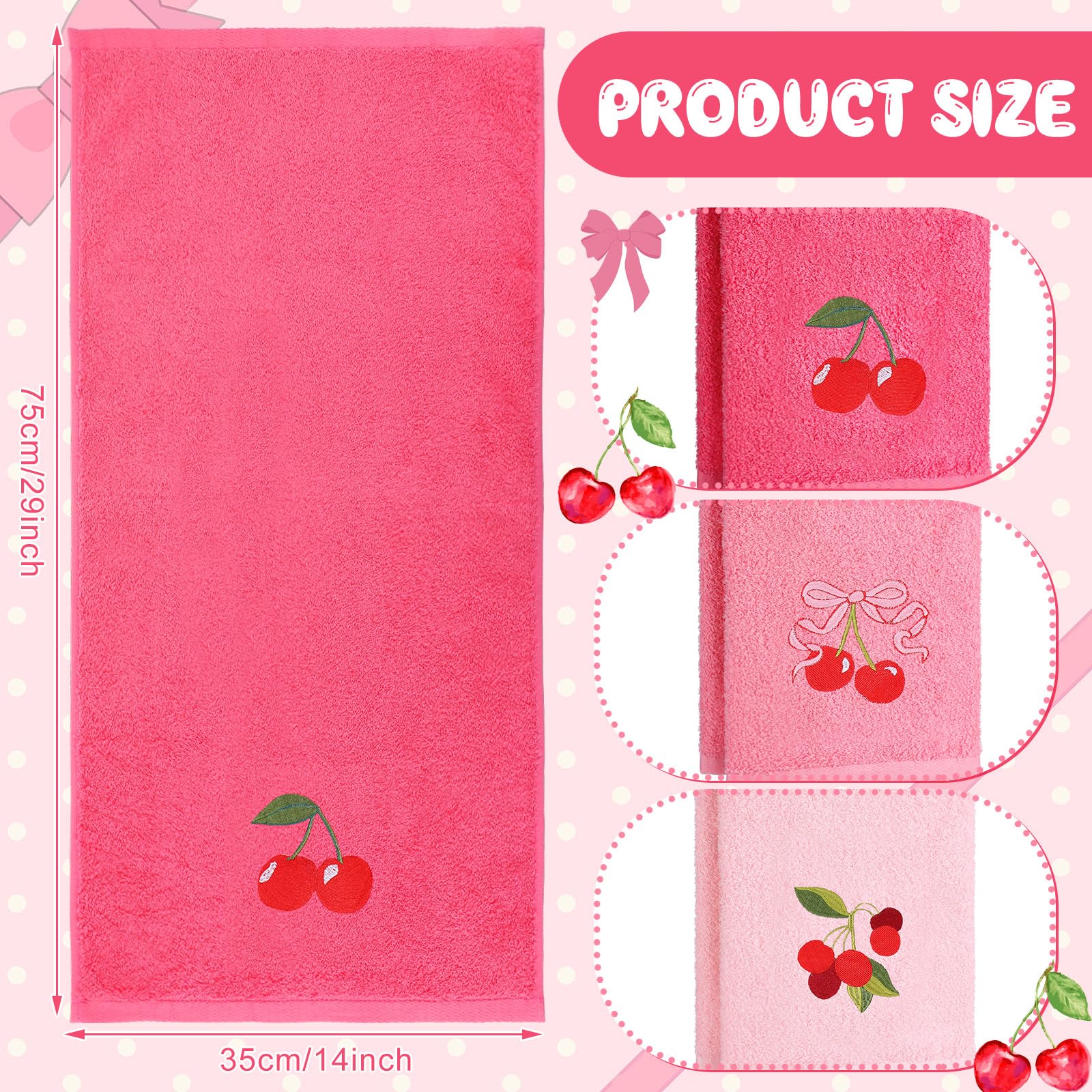 Tingjoo 3 Pcs Cherry Hand Towels 14x29 Inch Spring Summer Pink Preppy Bow Cherries Bathroom Decor Cotton Embroidered Soft Absorbent Towels for Bathroom Kitchen