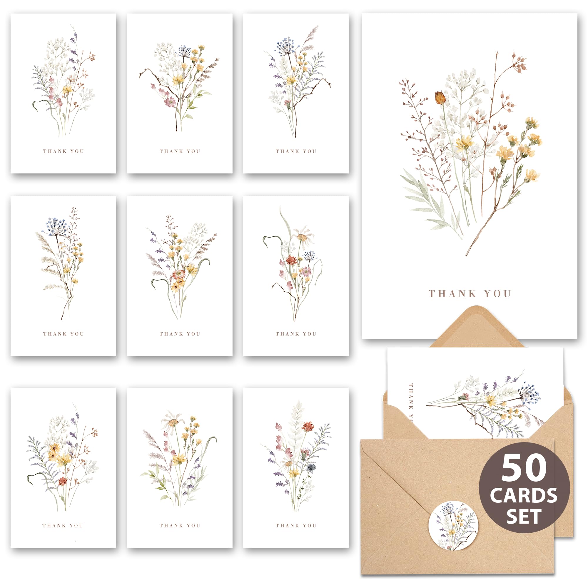 AUDREE Wildflower Thank You Cards with Envelopes (50 Pack 3.5" x 5.2") – Floral Thank You Notes with Adhesive Envelopes & Matching Stickers for Weddings, Baby & Bridal Showers