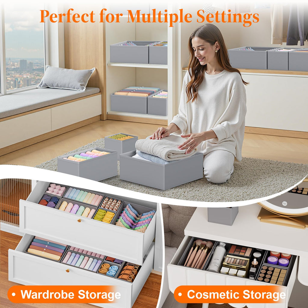 TasticTotes Drawer Organizer Clothes, 16 Pack Drawer Organizers and Underwear Organizer for Nursery, Dividers Clothes Organizer, Closet Organization and Foldable Storage Bins for Socks, Bra, Tie, Grey