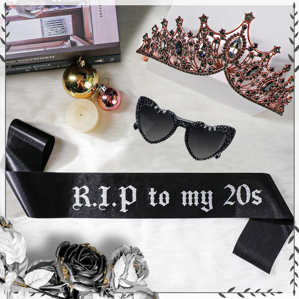 Rip To My 20s Sash And Crown with Sunglasses Set Black Birthday Sash Bronze Gold Crown Birthday Party Accessories for Women 30th Birthdays Glitter Party Favors (Sash&Crown&Sunglasses)