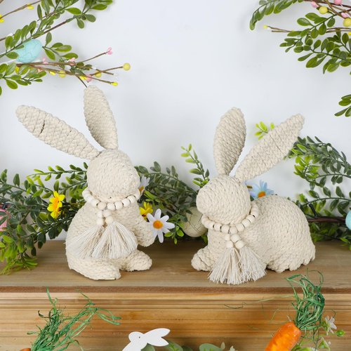 DR.DUDU 2 Pack Easter Bunny Figurines Decor, Rabbit Figurine Table Decorations, Spring Bunnies Decoration Cotton Woven Statue for Home Indoor Centerpieces Fireplace Farmhouse Gifts (Beige)