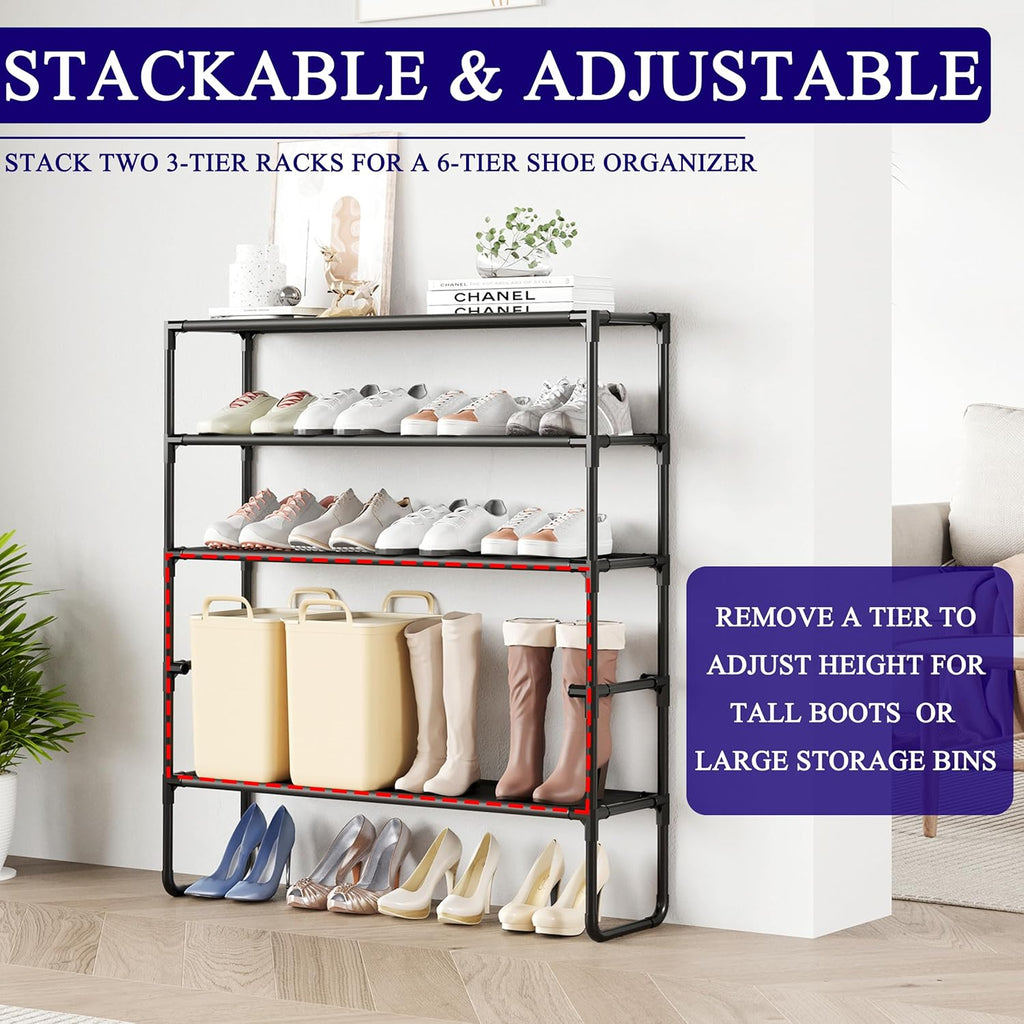 Skiennix 3-Tier Shoe Rack - Stackable Organizer for Closet & Entryway | Holds 16-20 Pairs, Black (35.8" Wide)