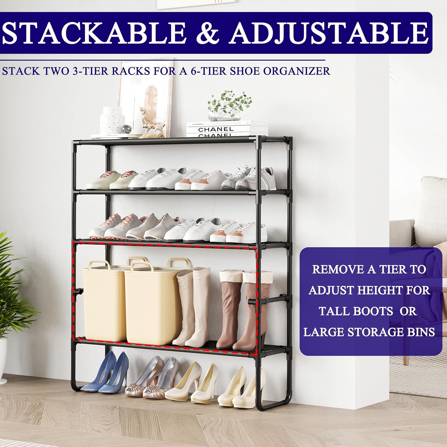 Skiennix 3-Tier Shoe Rack - Stackable Organizer for Closet & Entryway | Holds 16-20 Pairs, Black (35.8" Wide)