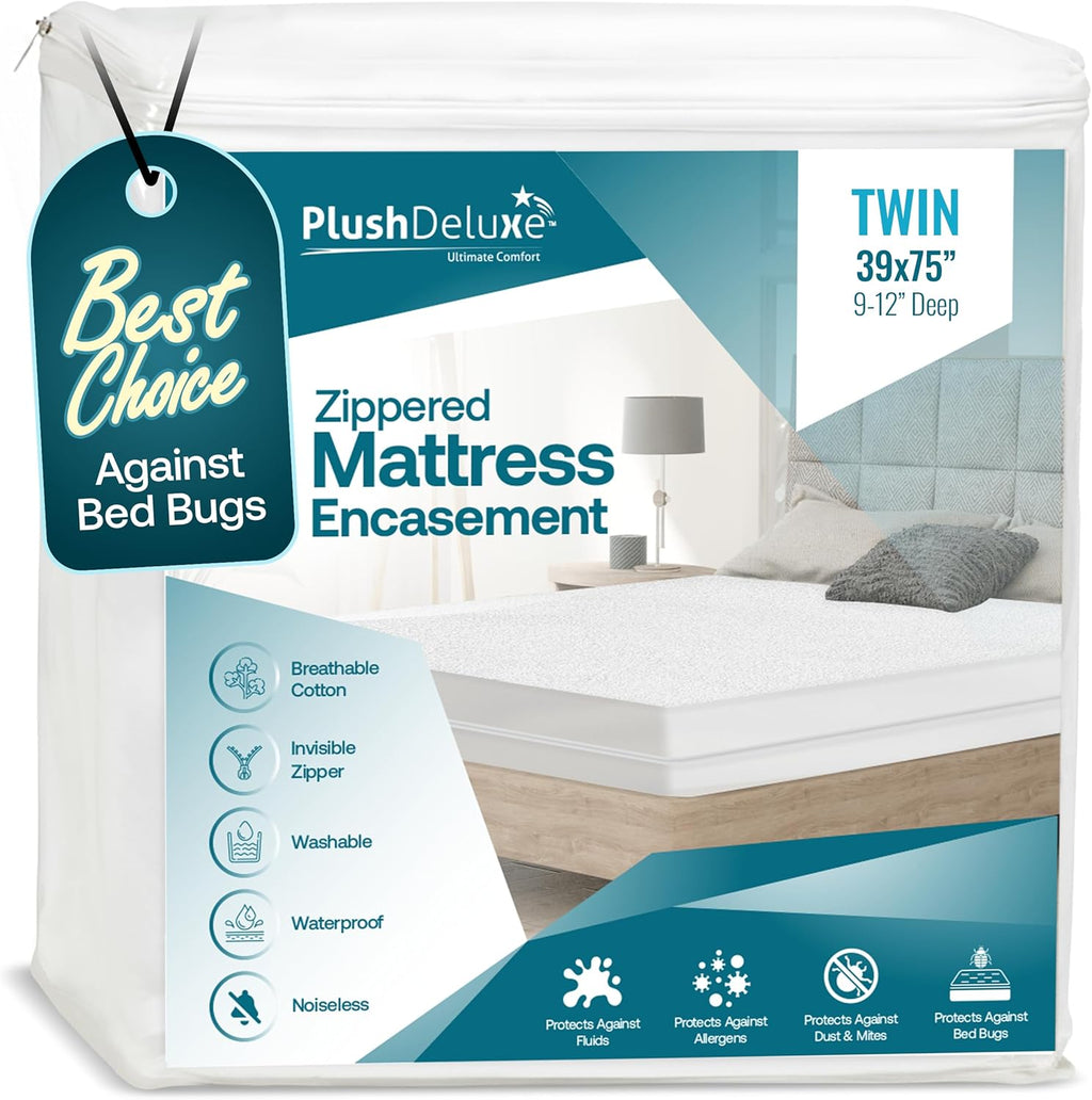 PlushDeluxe Waterproof Mattress Encasement - Soft Cotton Terry Surface | Fits 9"-12" Deep Twin 39x75