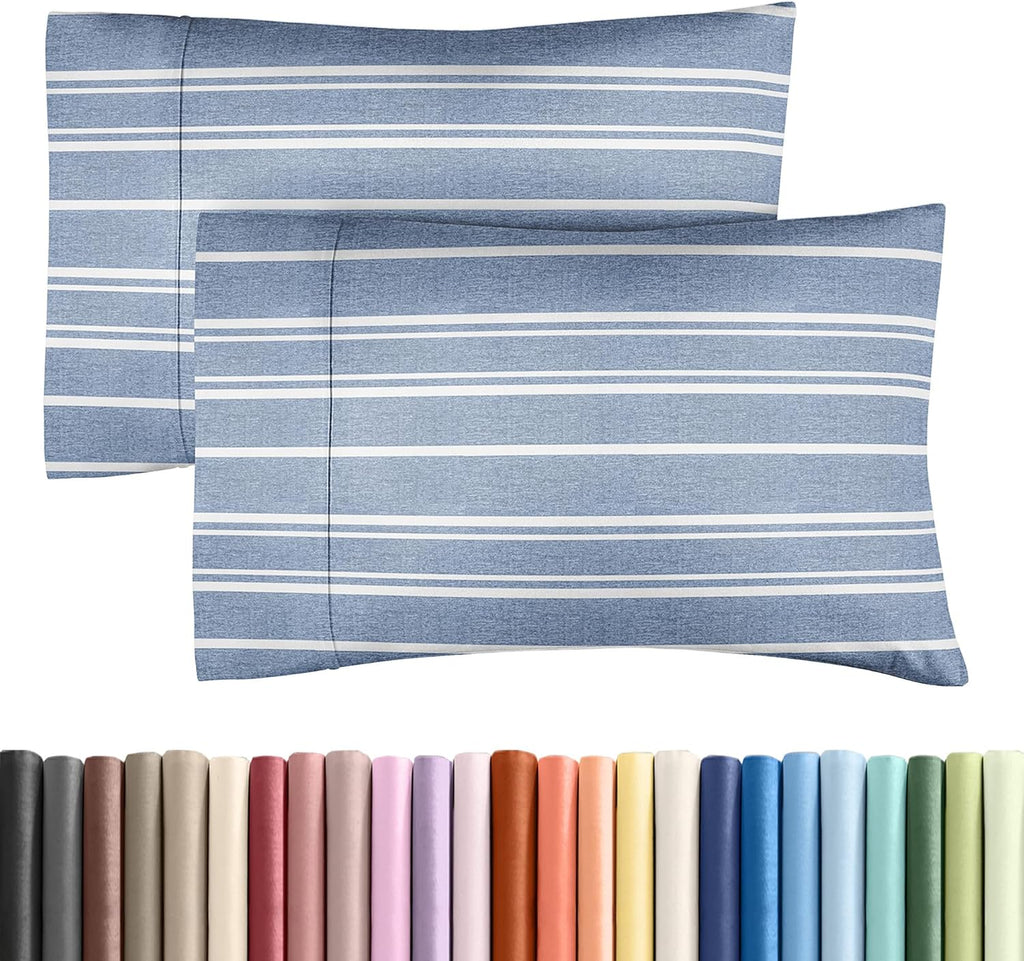 Skiennix Queen Pillow Cases Set of 2 - Ultra Soft Hotel Quality - Wrinkle Free & Fade Resistant - Blue Stripes