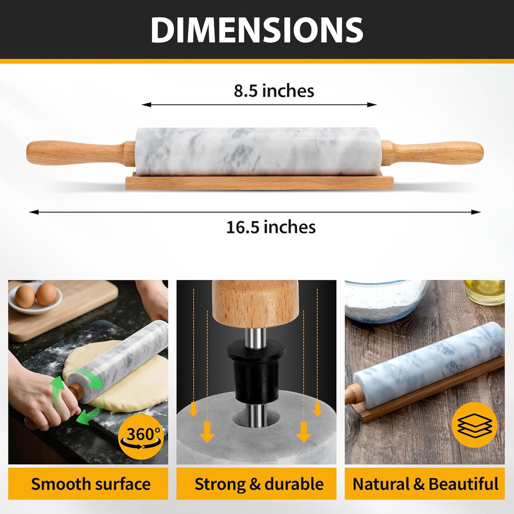 Skiennix Marble Rolling Pin - 16.7 Inches with Wooden Handles & Cradle | Ideal for Pizza Dough, Pasta, Cookies & More!