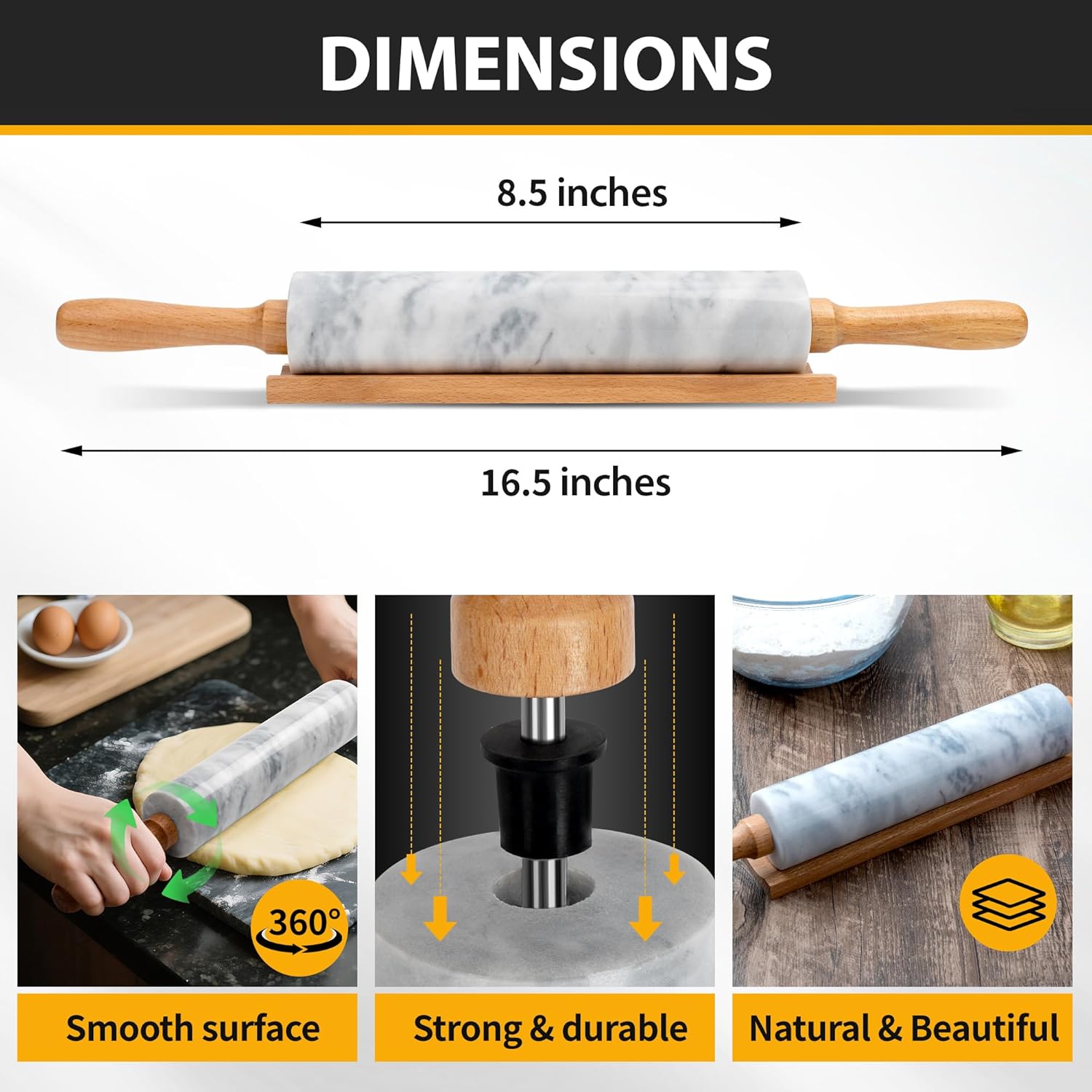 Skiennix Marble Rolling Pin - 16.7 Inches with Wooden Handles & Cradle | Ideal for Pizza Dough, Pasta, Cookies & More!