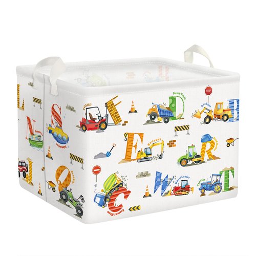 Clastyle Large Alphabet Construction Car Book Shelf Basket Collapsible Rectangle Excavator Ambulance Monster Truck Boy Bin Clothes Toy Car Storage Basket for Kids Room Nursery