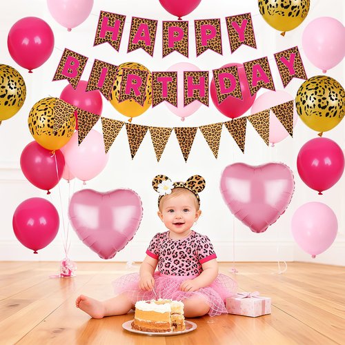 Pink Leopard Birthday Decorations, Gold Cheetah Print Animal Balloons Hot Pink and Heart Balloons, Cheetah Happy Birthday Banner for Safari Wild Birthday Baby Shower Jungle Theme Party Supplies