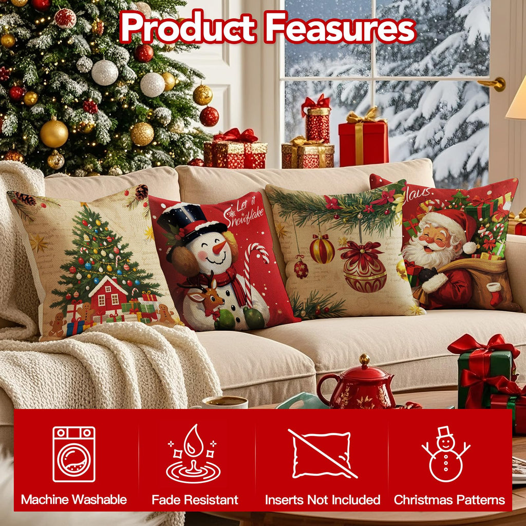 UPOFFICIS Christmas Pillow Covers 18x18 inch Set of 4, Christmas Decorations Cushion Covers, Xmas Pillow Covers, Pillowcases Throw Pillow Covers for Sofa Couch Home Decor