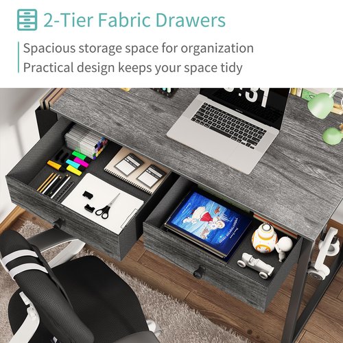 Lufeiya Small Desk with Drawers - for Bedroom, 32 Inch Home Office Computer Desk with Fabric Storage Drawer and Bag, Study Writing Table for Small Spaces, Gray