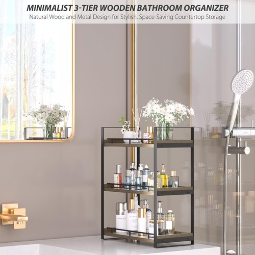 CeleVista Bathroom Counter Organizer, 3 Tier Wood Countertop Shelf for Vanity, Skincare, Makeup, Kitchen Coffee and Sink Storage, with Durable Metal Bracket (Dark Brown)