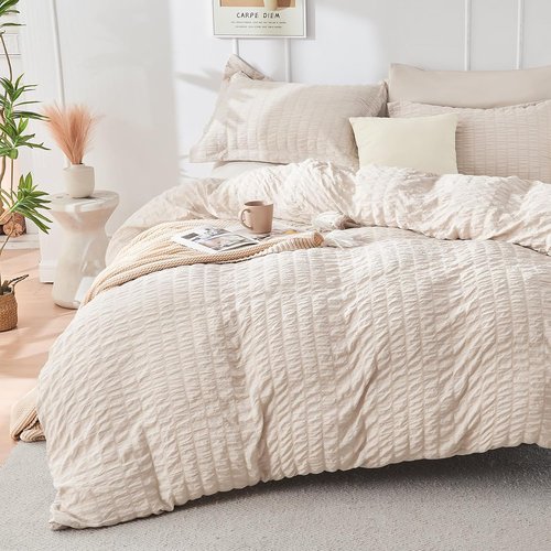 HYMOKEGE Comforter Set - Luxury Beige Seersucker 7-Piece Bedding Set | All-Season Bed in a Bag