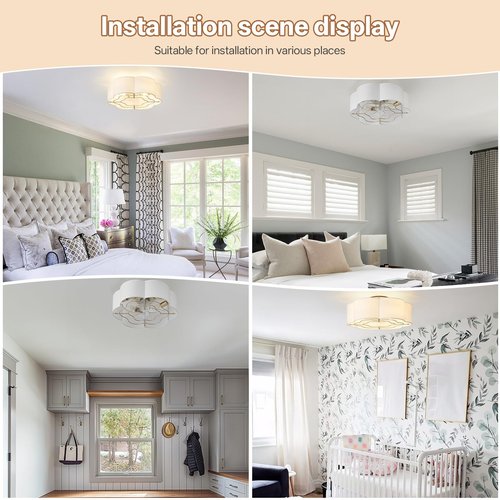 Glmthux Caged Ceiling Fan with Lights, Flush Mount 20" Boho Ceiling Fans with Lights Remote Control, Low Profile Fabric Bladeless with 6 Speeds for Bedroom, Nursery, Kitchen