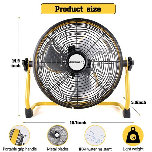jdzhineng 12" Battery Operated Fan, 15000mAh Rechargeable Floor Fan with Metal Blades, Outdoor Cordless Fan for Camping, Travel, Home, and Emergency Use, Long-Lasting Runtime