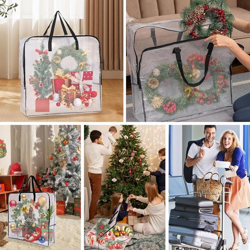 Extra Large Wreath Storage Container by [Brand Name] - 25-Inch Transparent Bags with Zipper & Handles | Waterproof & Foldable