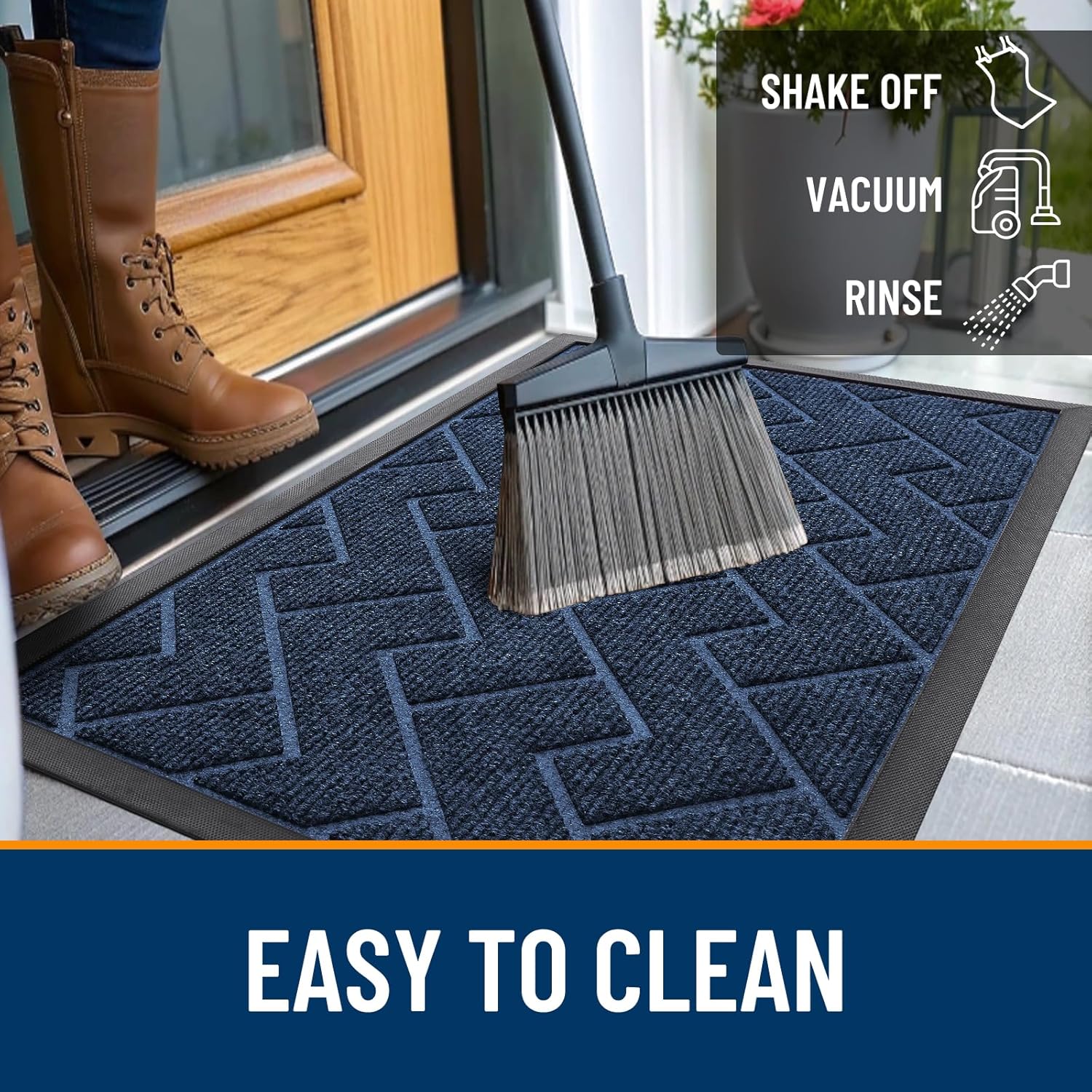 OLANLY Waterproof Front Door Mat - All-Season Indoor/Outdoor Doormat | Sturdy Natural Rubber, Herringbone Brick (Blue, 47x17)