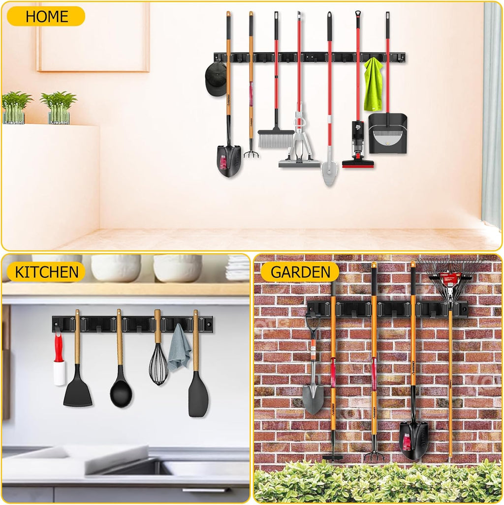 SLIIMU 30'' Movable Broom and Mop Holder - Wall Mount Organizer with 7 Racks & 8 Hooks for Home Storage