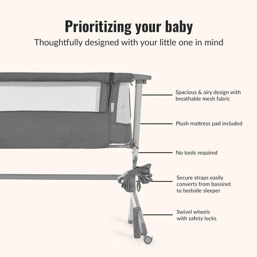 Dream On Me Skylar Bassinet and Bedside Sleeper, Adjustable Heights, Breathable Mesh Sides, Plush Mattress Pad, Wheels with Safety Locks & Tool-Free Assembly, Compact Fold & Travel Bag - Grey
