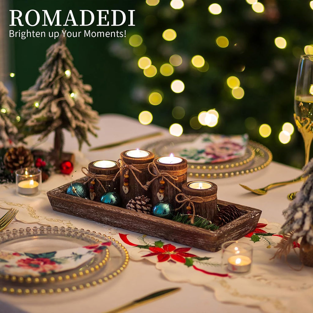 Romadedi Candle Holder Set - Boho Wooden Tray with 4 Tealight Holders for Farmhouse Decor | Living Room Centerpiece