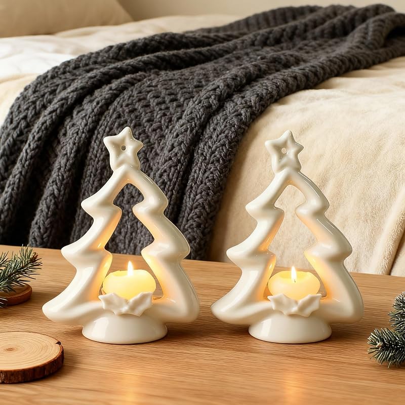 Ceramic Christmas Tree Candle Holders, 2-Pack White Table Decor