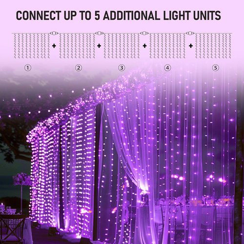 Dazzle Bright 300 LED Christmas Curtain String Lights - Waterproof Purple Fairy Lights with 8 Modes