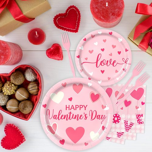 96 Pieces Valentine’s Day Tableware Set – Pink Heart Disposable Plates, Napkins, and Forks with “Love” and “Happy Valentine’s Day” Designs for Romantic Dinners, Weddings, and Parties – Serves 24