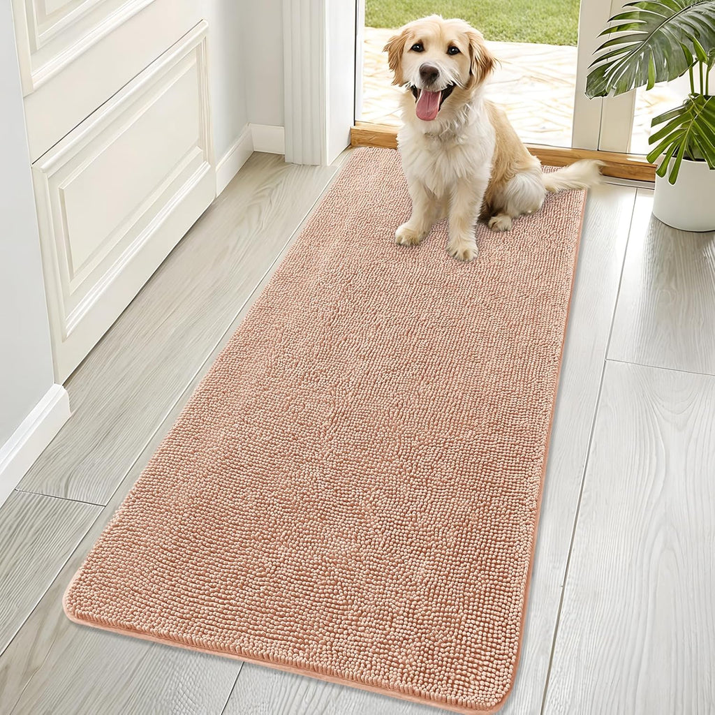 OLANLY Dog Door Mat - Absorbent Non-Slip Chenille Mud Mat for Muddy Paws | 70x32, Quick Dry, Peach