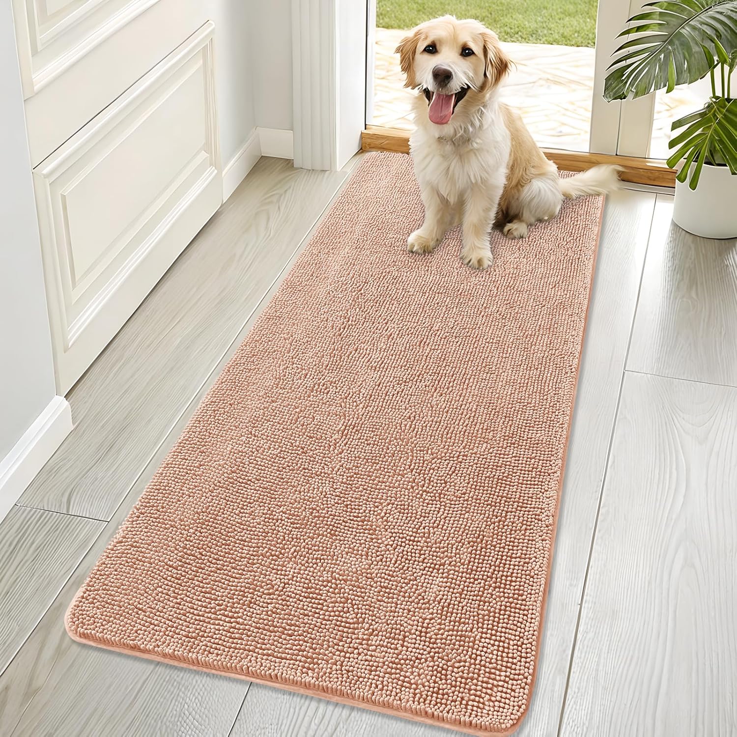 OLANLY Dog Door Mat - Absorbent Non-Slip Chenille Mud Mat for Muddy Paws | 70x32, Quick Dry, Peach
