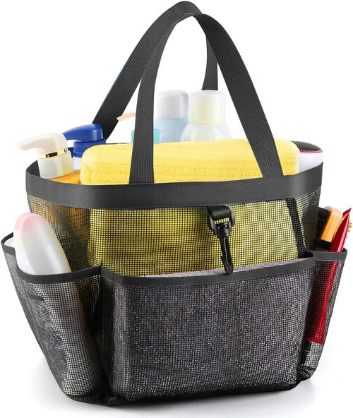 LOYEE Mesh Shower Caddy - Portable College Dorm Room Organizer with 8 Pockets | Black Travel Bag