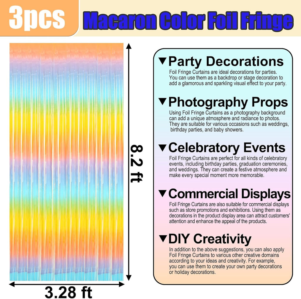 Rainbow Foil Fringe Curtain Backdrop by [Brand Name] - 3 Pack Metallic Tinsel Streamers | 3.28Ft x 8.2Ft for Parties & Events