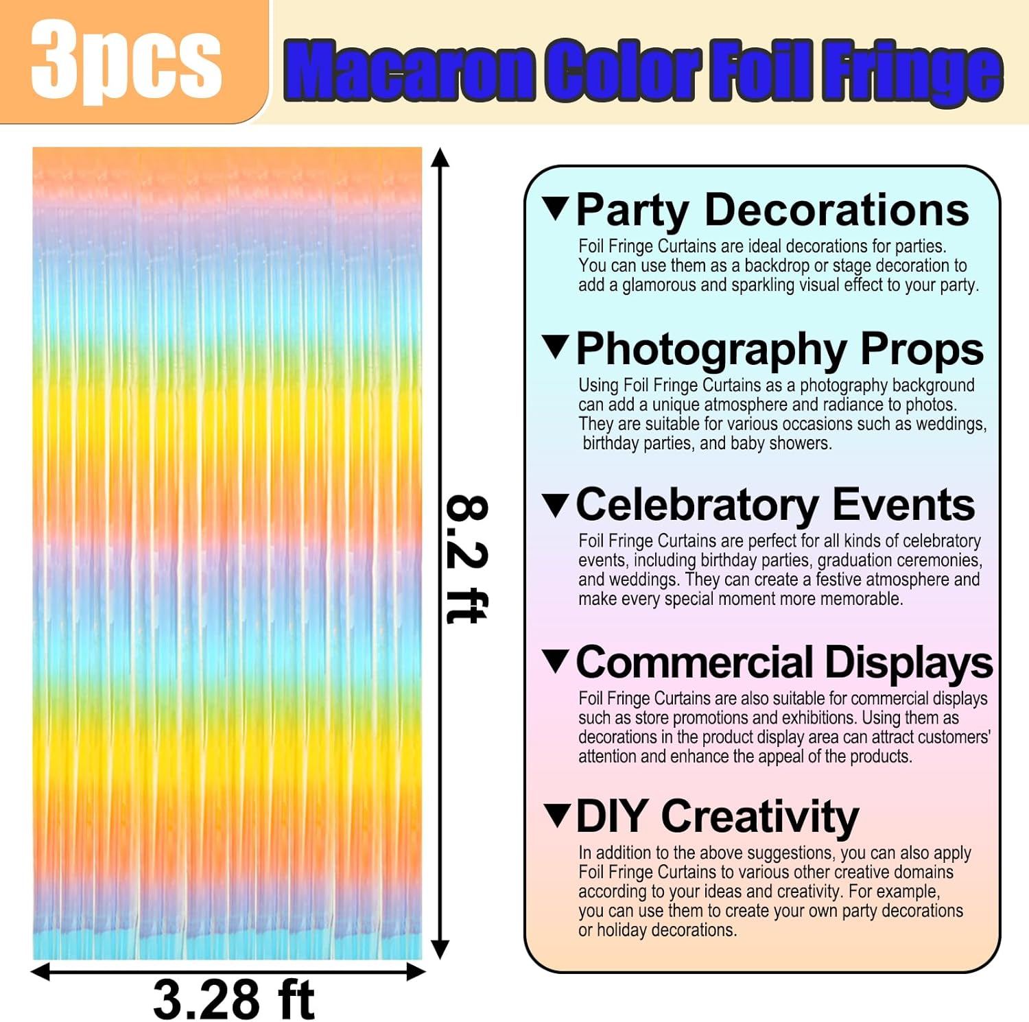 Rainbow Foil Fringe Curtain Backdrop by [Brand Name] - 3 Pack Metallic Tinsel Streamers | 3.28Ft x 8.2Ft for Parties & Events