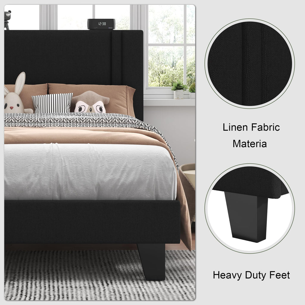 Feonase Twin Platform Bed Frame, Fabric Upholstered Twin Bed Frame, Solid Wood Slats & Heavy Duty Feet Support, No Box Spring Needed, Noise-Free, Easy Assembly, Black