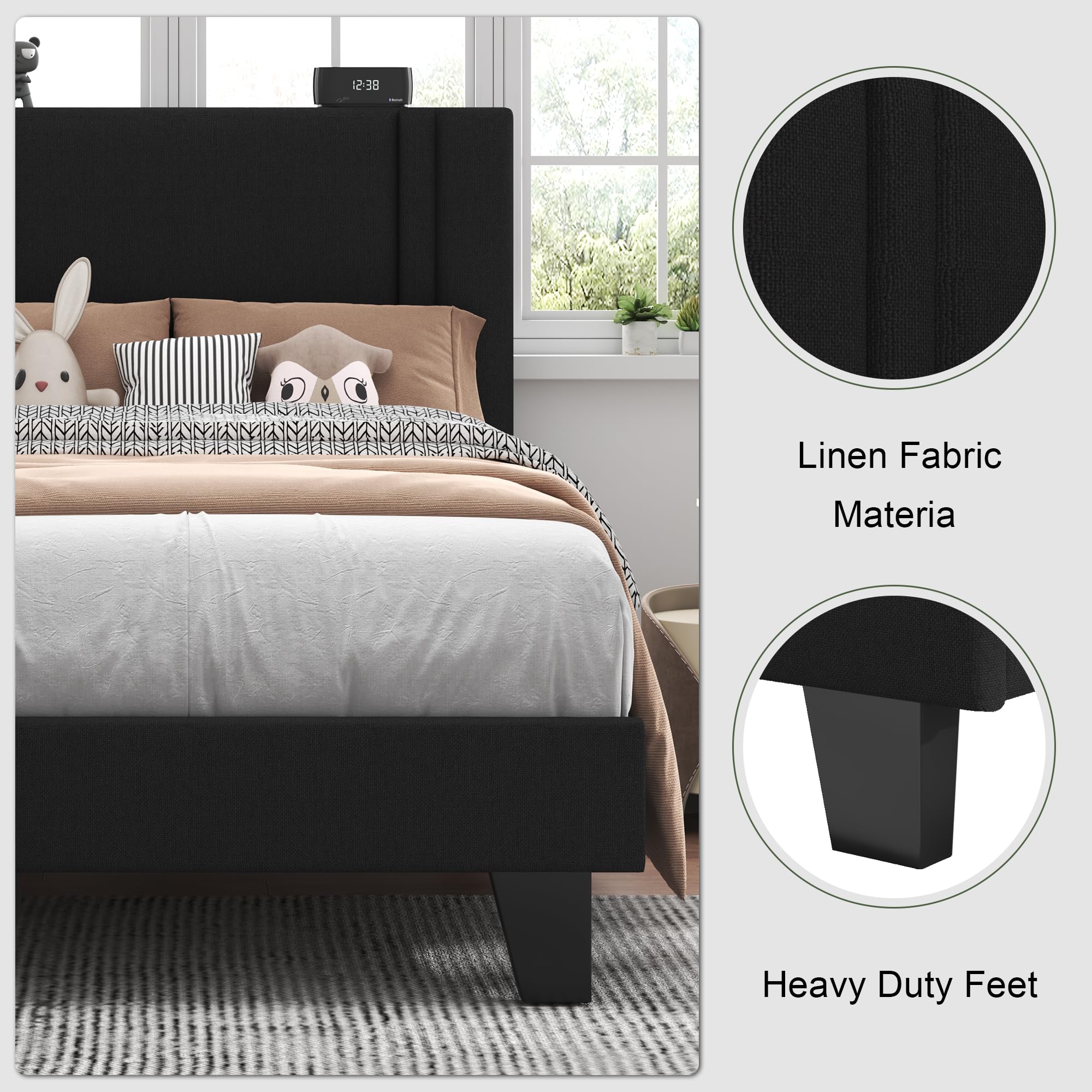 Feonase Twin Platform Bed Frame, Fabric Upholstered Twin Bed Frame, Solid Wood Slats & Heavy Duty Feet Support, No Box Spring Needed, Noise-Free, Easy Assembly, Black