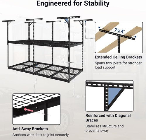 FLEXIMOUNTS 4x8 Overhead Garage Storage Rack - Adjustable Heavy-Duty Metal | 1000 lbs Capacity, Black