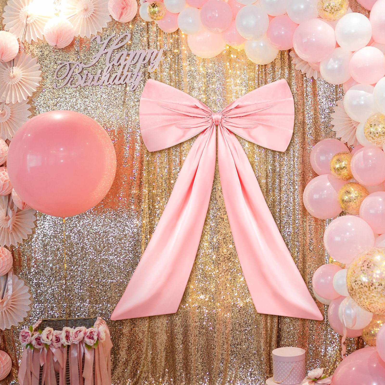 Wavwavw Large Pink Bow Decor Coquette Wall Decor for Backdrop 24 x 36'' Big Bow Giant Satin Ribbon Tie for Birthday Wedding Bridal Baby Shower Party Ballerina Room Hanging Decoration(Lining Support)