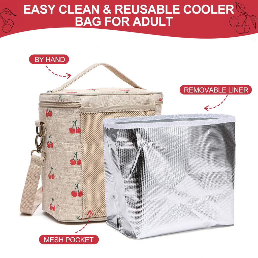 neatlife Lunch Bag for Women, Soft Linen Lunch bag with adjustable shoulder strap, Insulated Womens Lunch Bag for Work, Machine Washable Lunch Box with removable liner (Cherry)