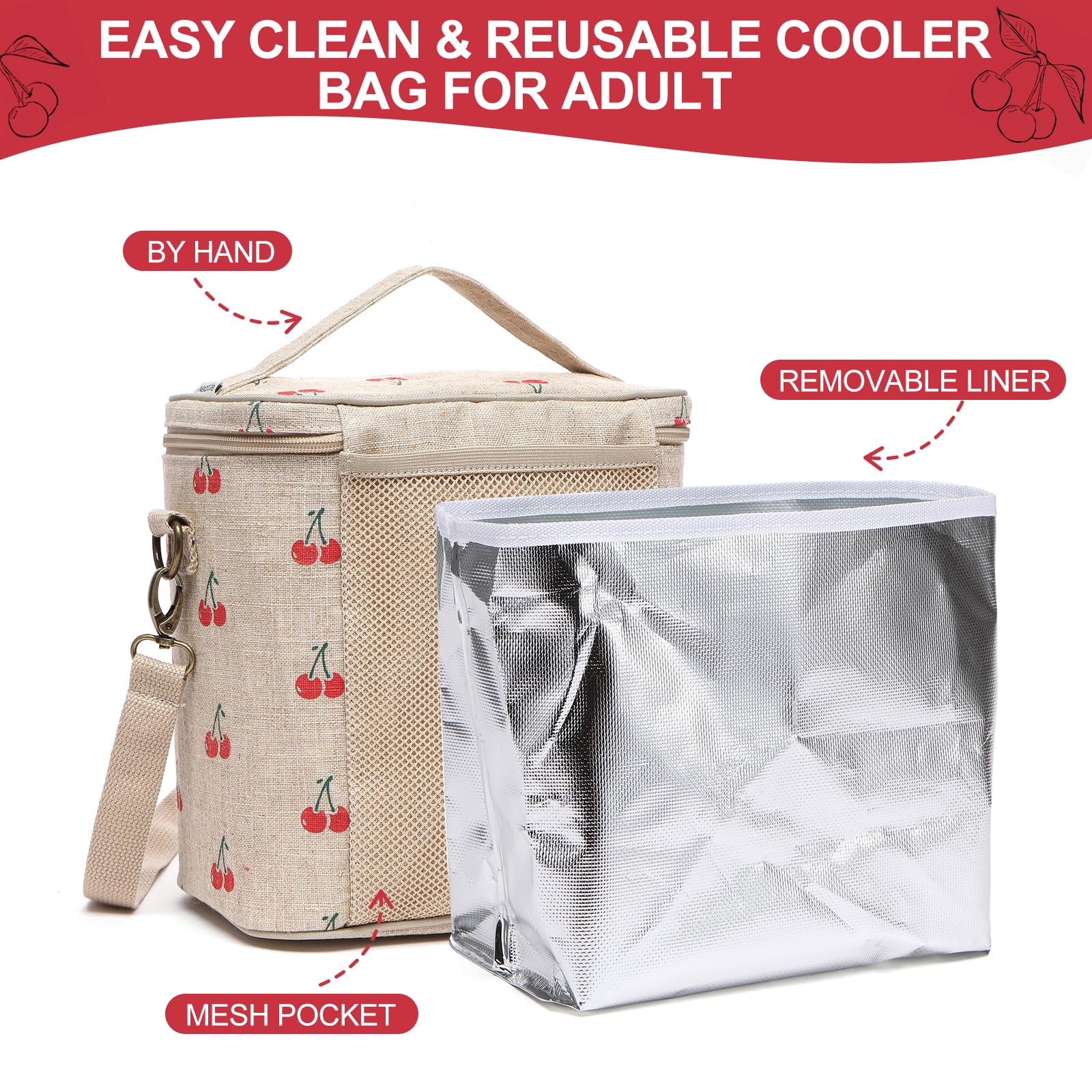neatlife Lunch Bag for Women, Soft Linen Lunch bag with adjustable shoulder strap, Insulated Womens Lunch Bag for Work, Machine Washable Lunch Box with removable liner (Cherry)