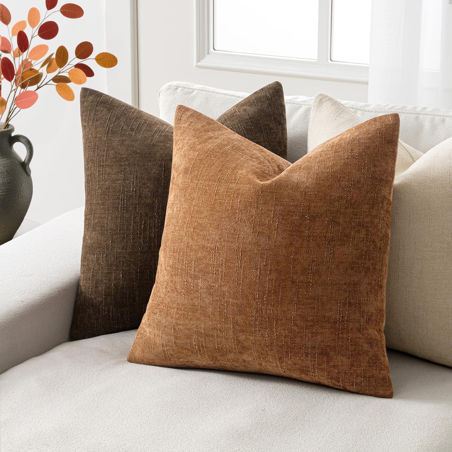 Woaboy Set of 2 Textured Throw Pillow Covers Decorative Soft Accent Square Chenille Pillowcases Neutral Farmhouse Modern Home Decor for Couch Sofa Bedroom Living Room 20x20 Inch,Brown Chocolate
