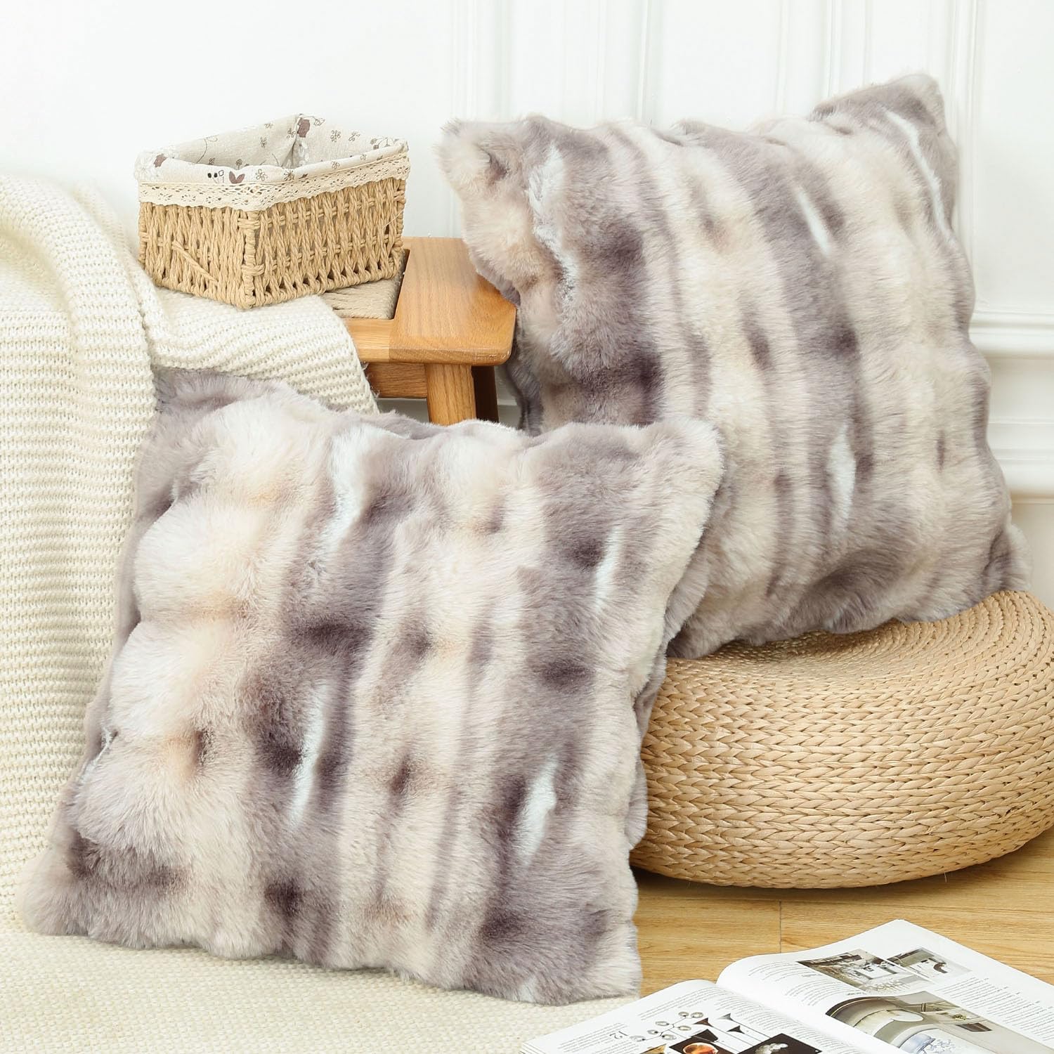 MADIZZ Pack of 2 Thick Plush Faux Wool Throw Pillow Covers Soft Boho Throw Pillows Luxurious Cushion Covers for Couch Sofa Bedroom Living Room Home Decor 18x18 Inch Grey Taupe
