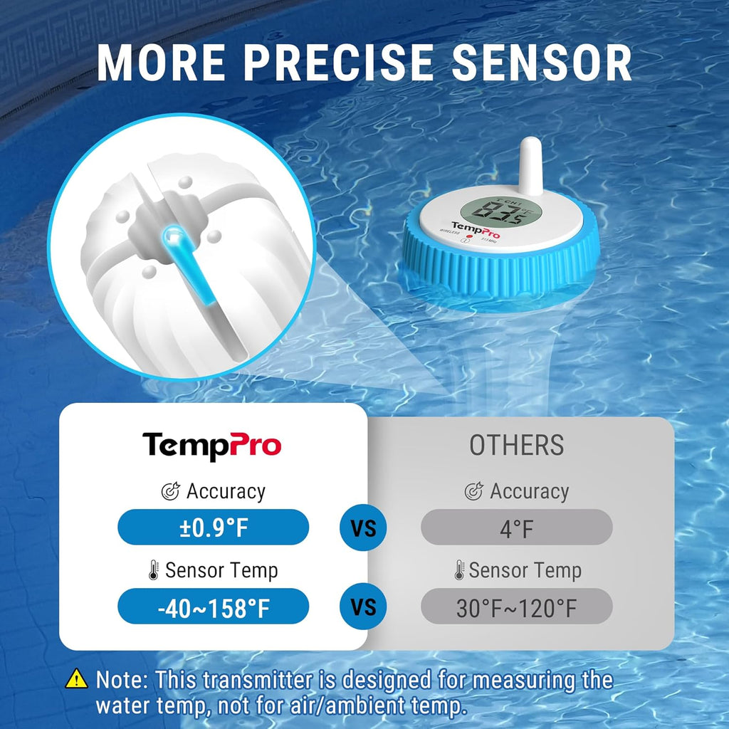 TempPro Waterproof Wireless Pool Thermometer - Easy Read Digital Floating Monitor for Pools, Hot Tubs & Ponds