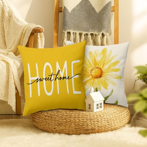 BBOLDIN Spring Summer Throw Pillow Covers 18x18, Yellow Floral Flower Pillow Cases Set of 4, Home Sweet Home Cushion Covers Decorations for Sofa Farmhouse Living Room