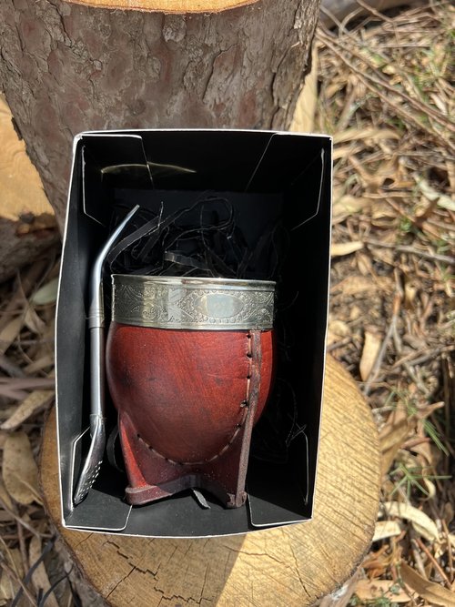 Mate Imperial Argentino Kit Mate, With Straw Tea Gourd Mug One Bombilla (Straw), Wrapped Handmade Leather, Includes Premium Packaging box (brown)