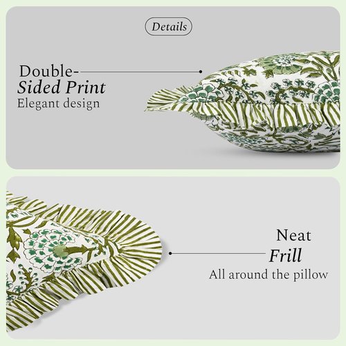 CPC Ruffle Throw Pillow Covers - 100% Cotton Boho Design in Agate Green | 16"x16" | Set of 2 for Living Room & Bedroom