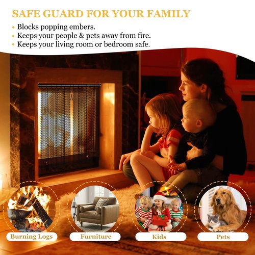 Fireplace Mesh Screen Curtain Kit with Adjustable Fireplace Curtain Rod, Adjustable Fireplace Screen Panels 22" H × 27.5" W Black Matte