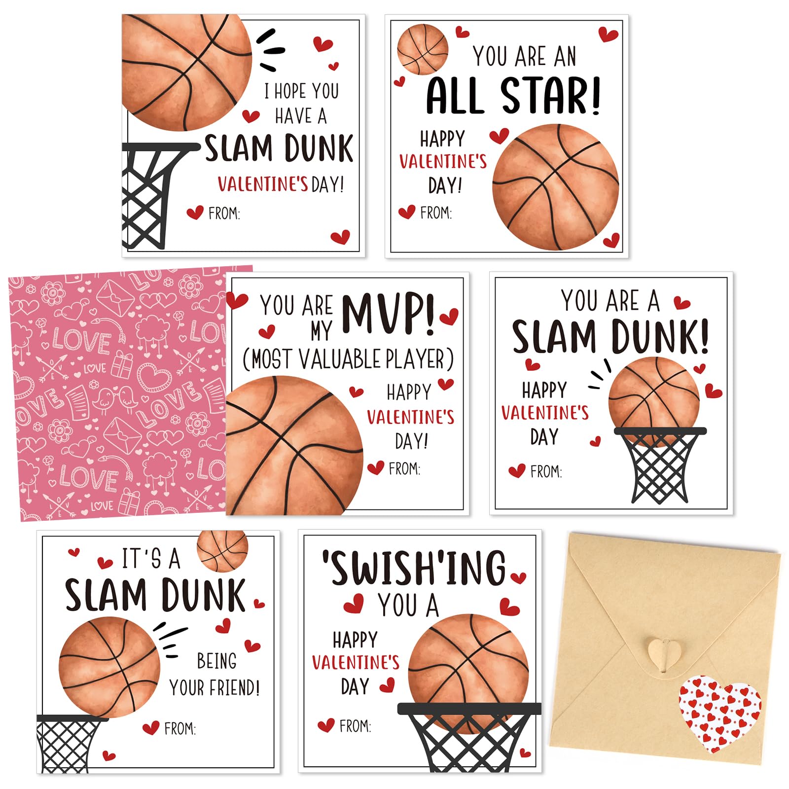 Hedeey 48 Pack Valentines Day Cards for Kids Classroom Basketball Valentine's Day Exchange Greeting Cards with Envelopes and Heart Stickers for Kids Classroom School Party Favors 4.3 * 4.3 inch
