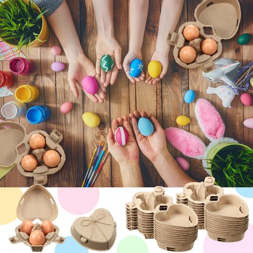 FoldTier 150 Pcs Easter Heart Shaped Eggs Cartons 3 Count Natural Paper Pulp Valentine Egg Cartons with Jute Rope Reusable Cardboard Storage Baskets Holder Tray for Kitchen Holiday Gifts Market Farm