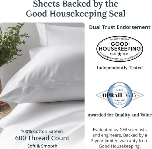 California Design Den Queen Sheet Set - Luxury 600 Thread Count Sateen, 100% Cotton Deep Pocket Sheets - White