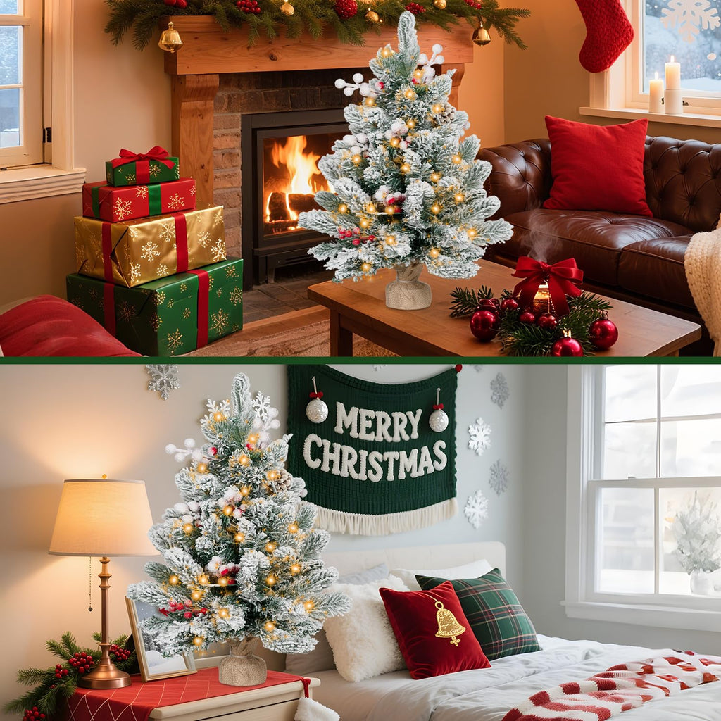 RIDGEPOLE 2FT Pre-lit Mini Christmas Snow Flocked Tree,Tabletop Artificial Christmas Tree with LED Lights, Small Xmas Pine Tree with Cloth Bag Base for Christmas Decor,12 PCS Berry & 8 Pinecones